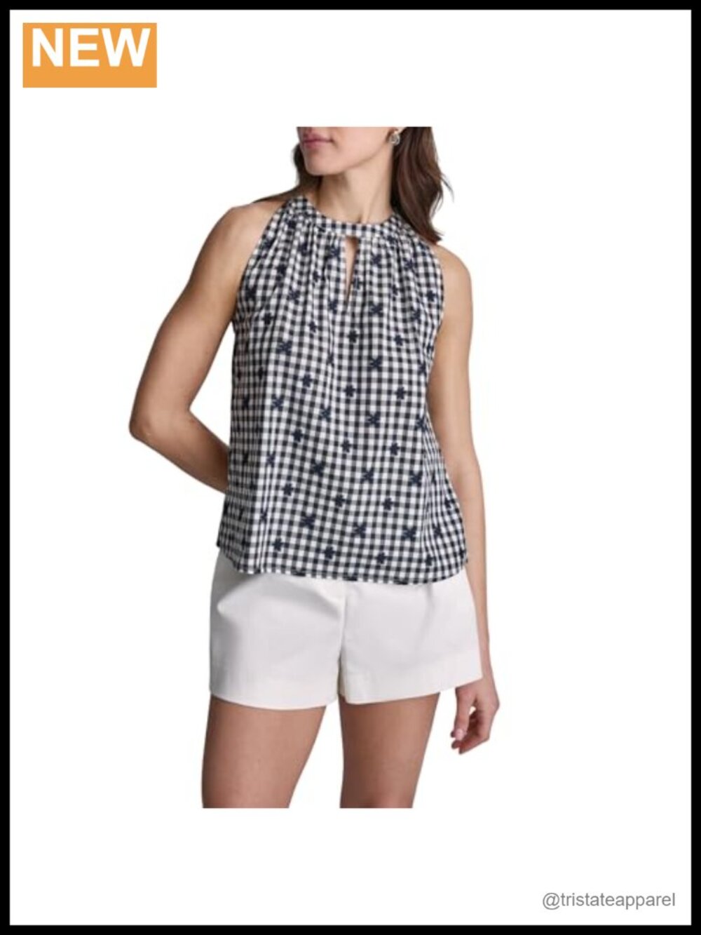 BCBG Woven Sleeveless Halter Gingham Top - Cotton, Work to Weekend